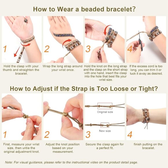 Boho Beaded Wrap Bracelet Natural Stones Brown Adjustable Gift for Women - Picture 6 of 9